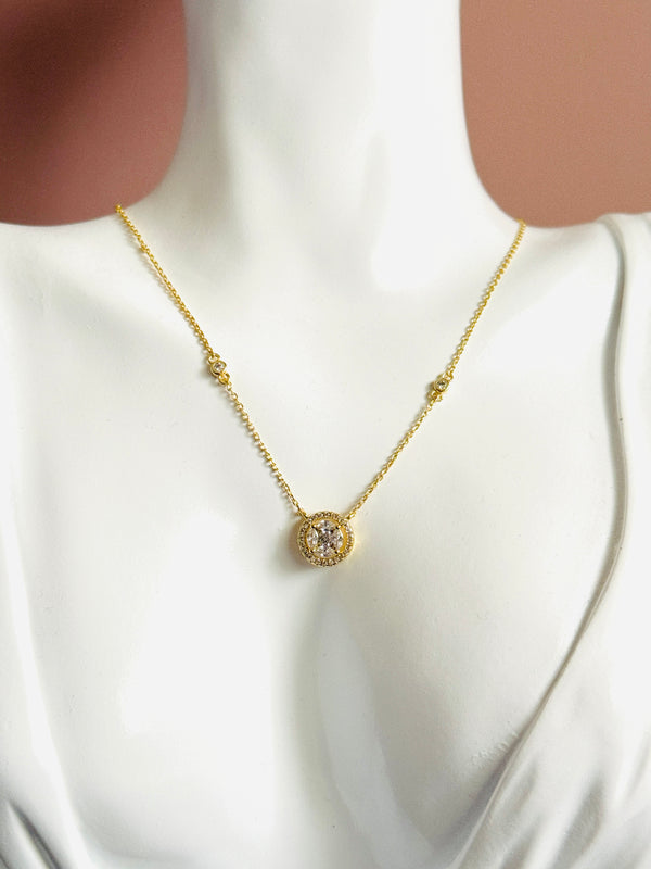 DOLORES - Stunning Necklace With Round CZ Stone Surrounded By Smaller CZs
