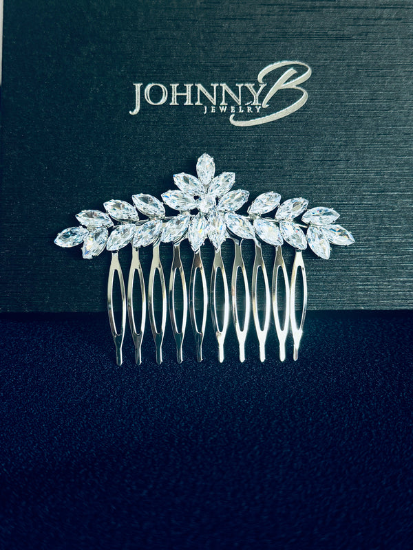 MERCEDES - Marquise CZ Leaf Spray Hair Comb In Silver