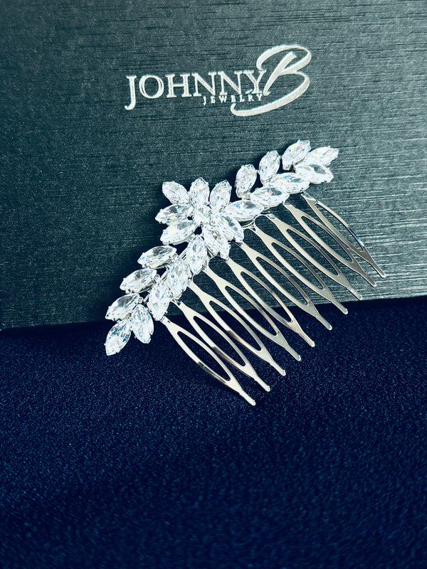 MERCEDES - Marquise CZ Leaf Spray Hair Comb In Silver