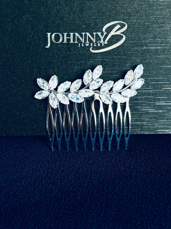 EDITH - Marquise CZ Leaf Spray Hair Comb In Silver