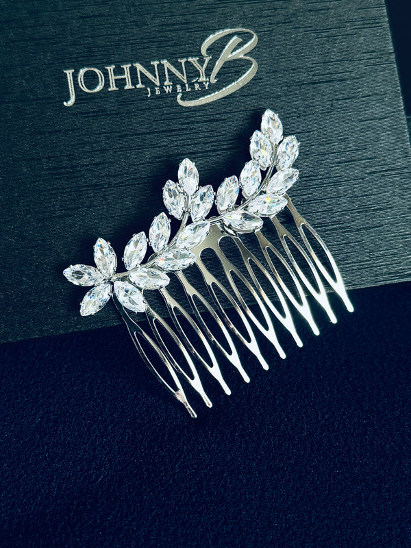 EDITH - Marquise CZ Leaf Spray Hair Comb In Silver