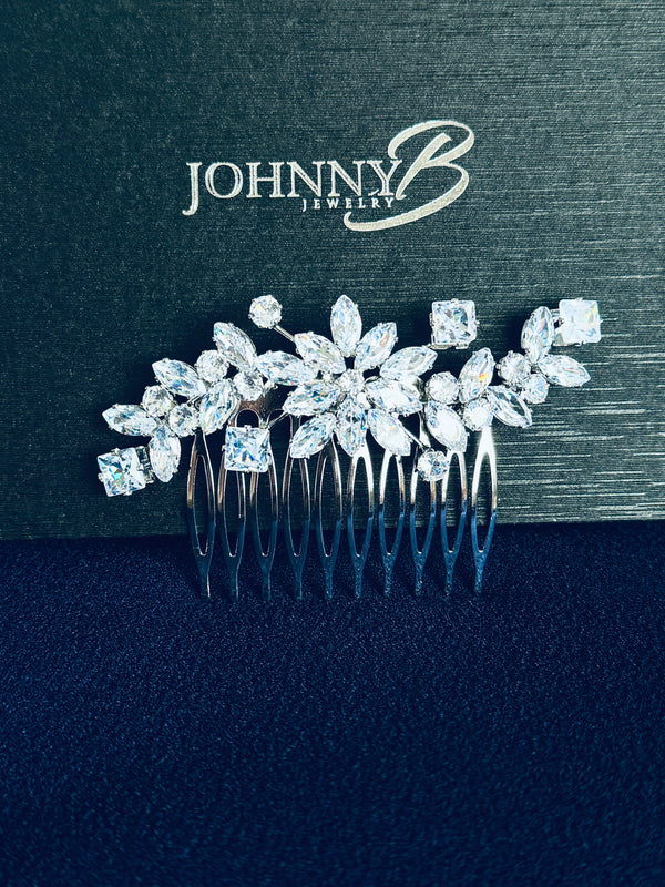 SU - Multi-Shaped CZ Leaf Spray Hair Comb In Silver