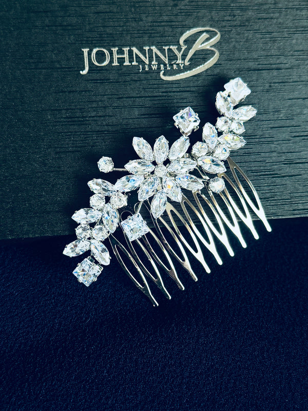 SU - Multi-Shaped CZ Leaf Spray Hair Comb In Silver