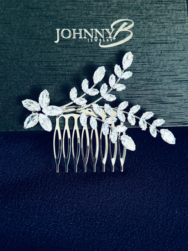 LIZZIE - Marquise CZ Leaf Spray Hair Comb In Silver