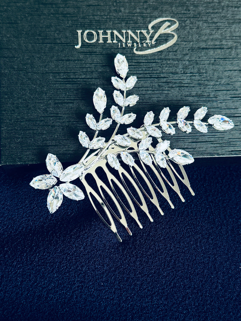 LIZZIE - Marquise CZ Leaf Spray Hair Comb In Silver