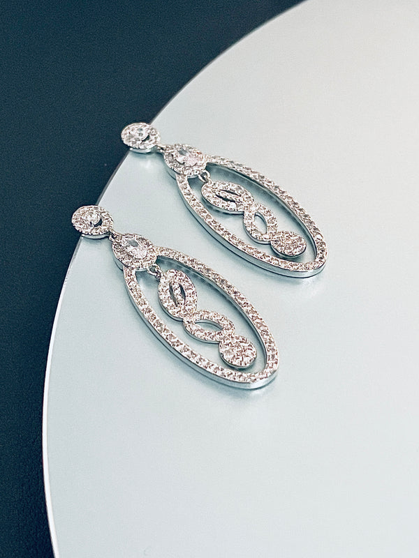 LOURDES - CZ Intricate Drop Earrings In Silver - JohnnyB Jewelry