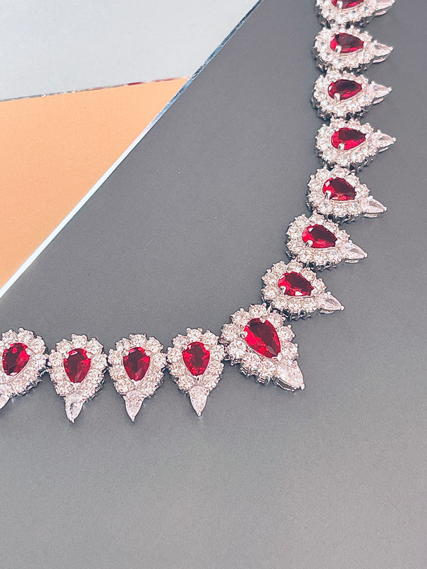 LILIANA - 15.5" Stunning Red Pear-Shaped CZ Choker Necklace With Matching Drop Earrings In Silver - JohnnyB Jewelry