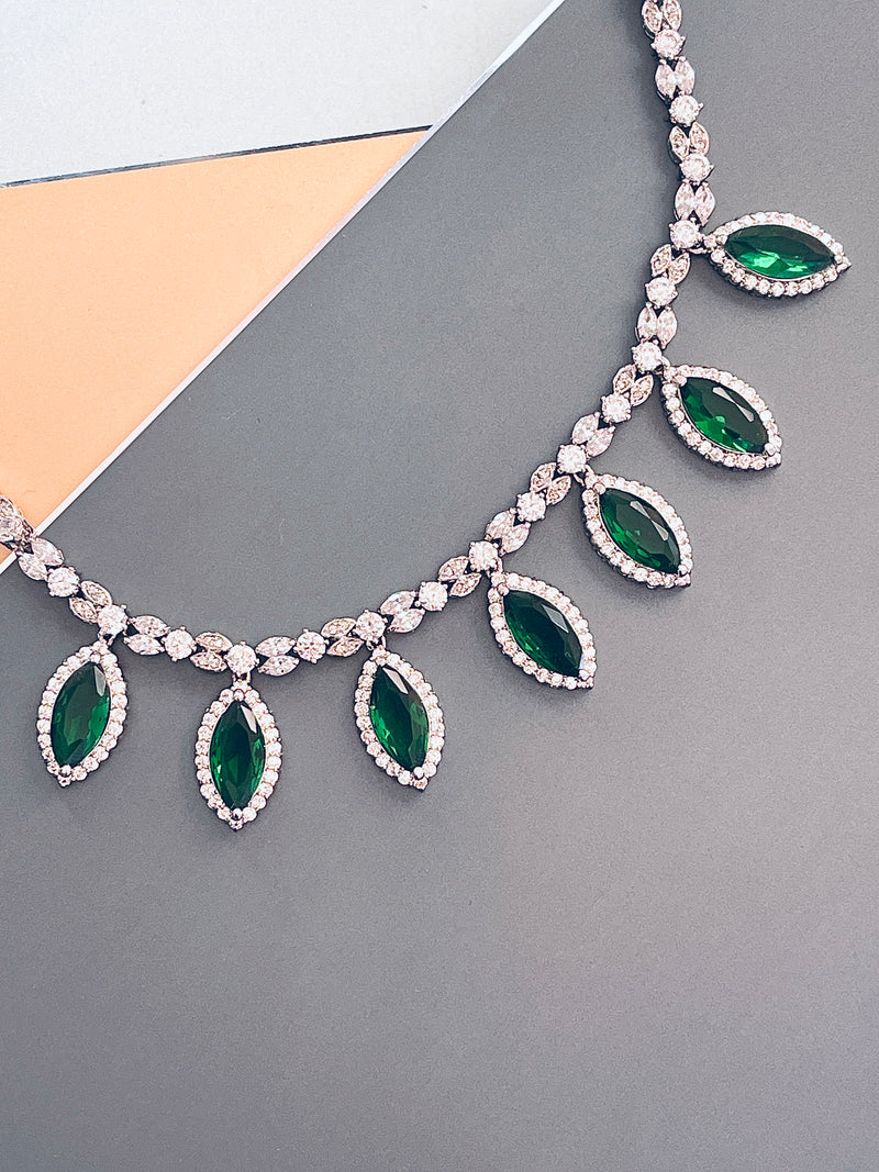 KINSLEY - Emerald Green Marquise-Shaped CZ And Matching Drop Earrings In Silver - JohnnyB Jewelry