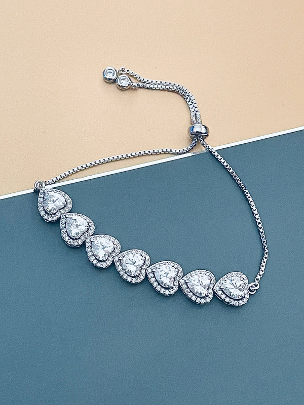 LEONORA - Double Heart-Shaped CZ Stones Adjustable Bracelet In Silver - JohnnyB Jewelry