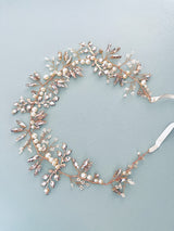 CALISTA - Delicate Crystal Leaves And Pearls Hair Circlet In Gold