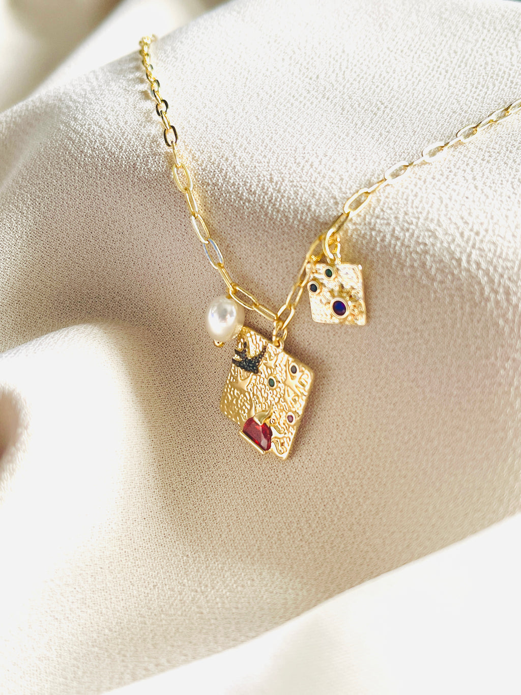 ROSE - Square Pendant With Charm Dangle Necklace In 14k Gold – JohnnyB  Jewelry